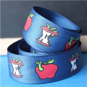 Back to School Ribbons - 22mm Apple & Worm/Navy